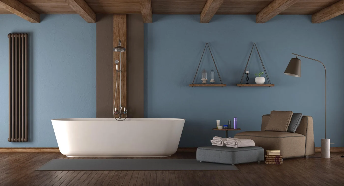 Shower remodeling - Central VA A standalone tub with a shower in a bathroom with a seating area and hanging shelves.