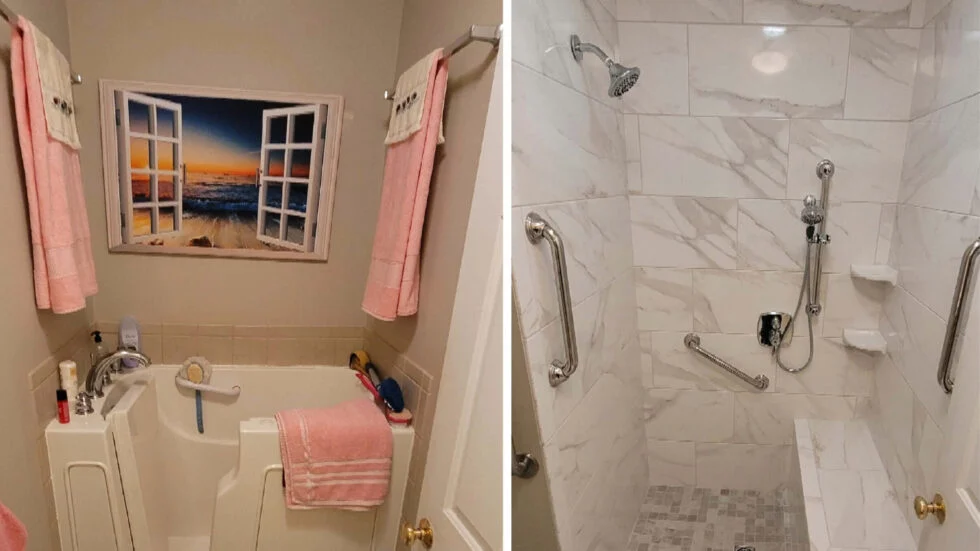 Jdsbath Before And After Complete Bathroom Remodel Midlothian Va Walk In Tub To Zero Entry Walk In Shower Tile Ada Accessible Bathroom