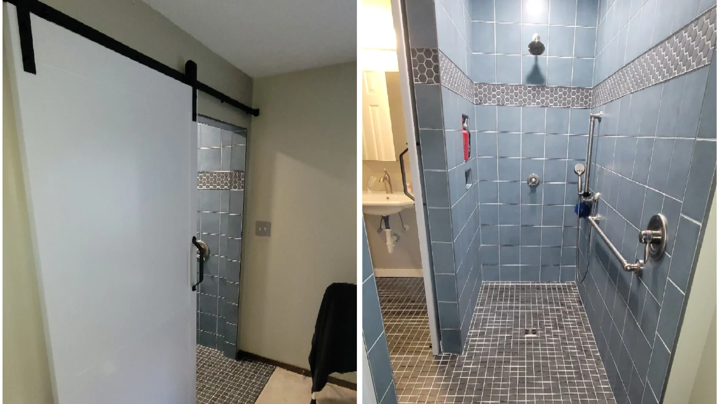 JDS Bath Handicap Accessible Bathroom Remodel Barn Style Shower Door Tile Shower Quinton VA