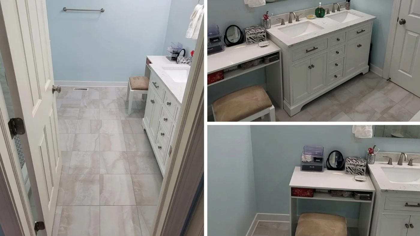 A bathroom remodel with a new makeup area, sink, and vanity with a mirror