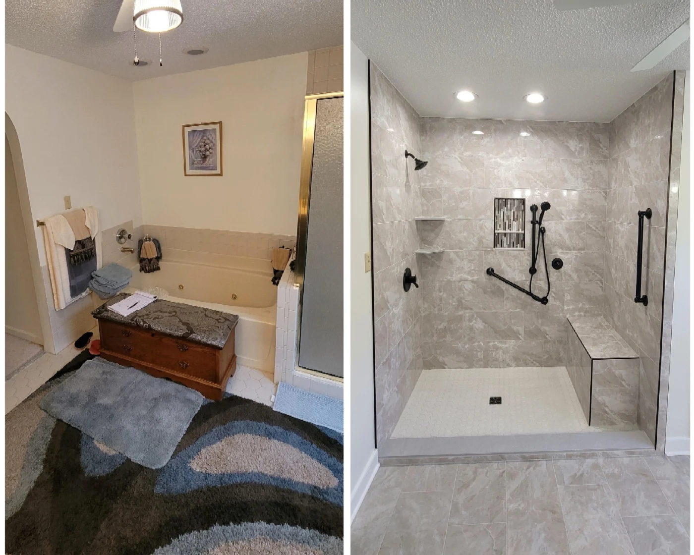 Before and after of a tub-to-shower conversion