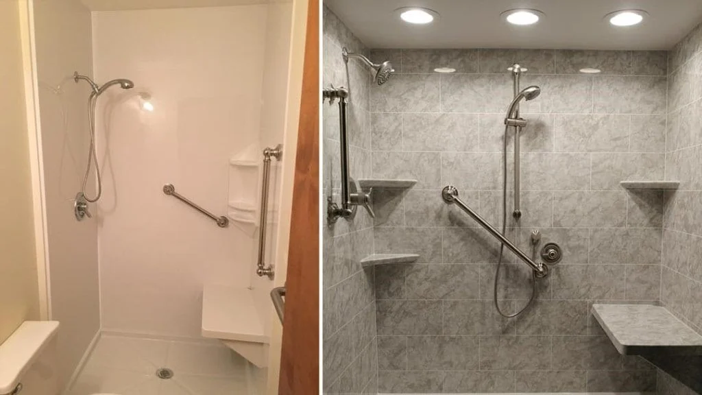 Acrylic and tile showers with grab bars