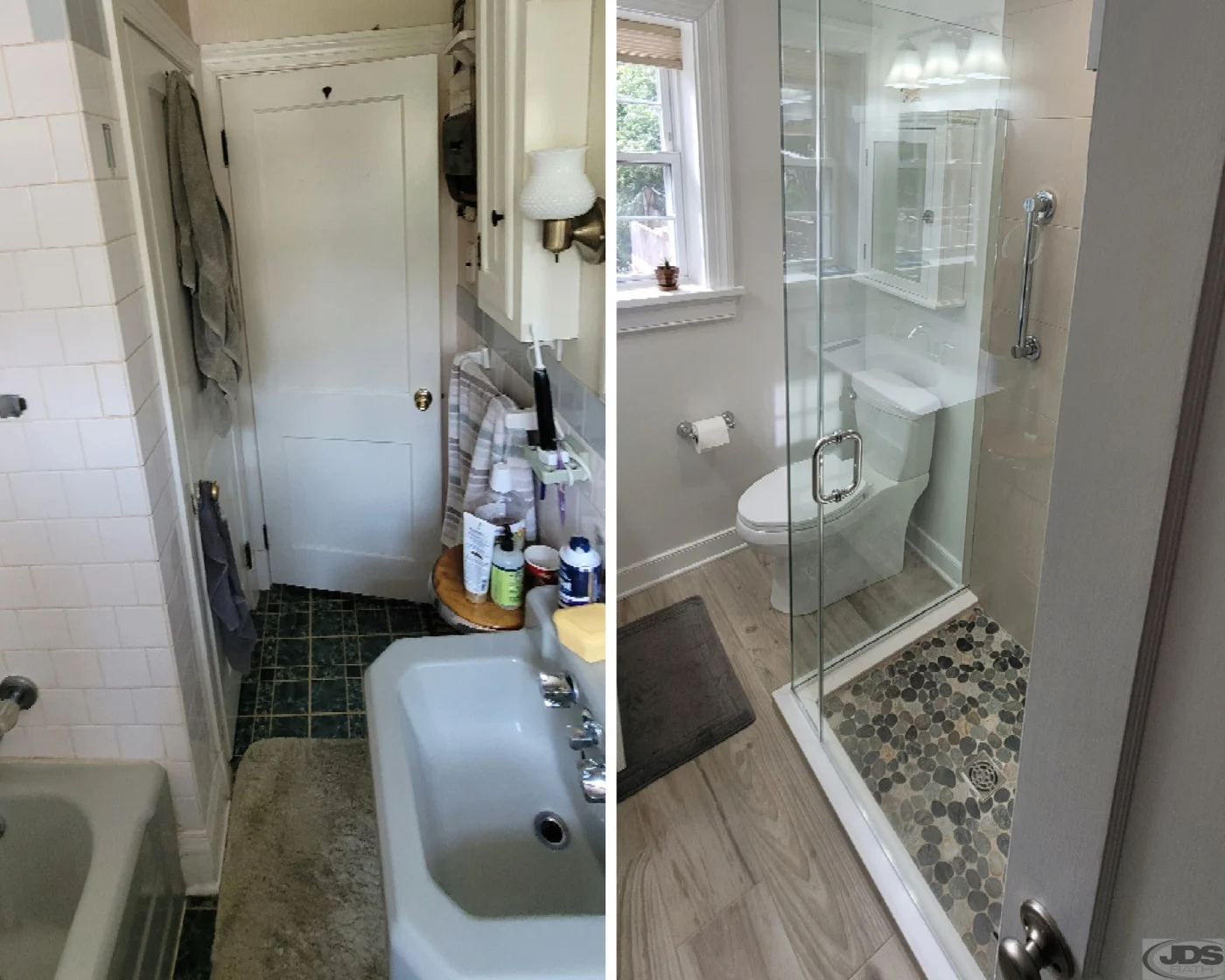 Before and after photos of a tub-to-shower conversion