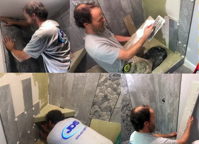 Collage of JDS Bath workers renovating a Central VA homeowner’s bathroom.
