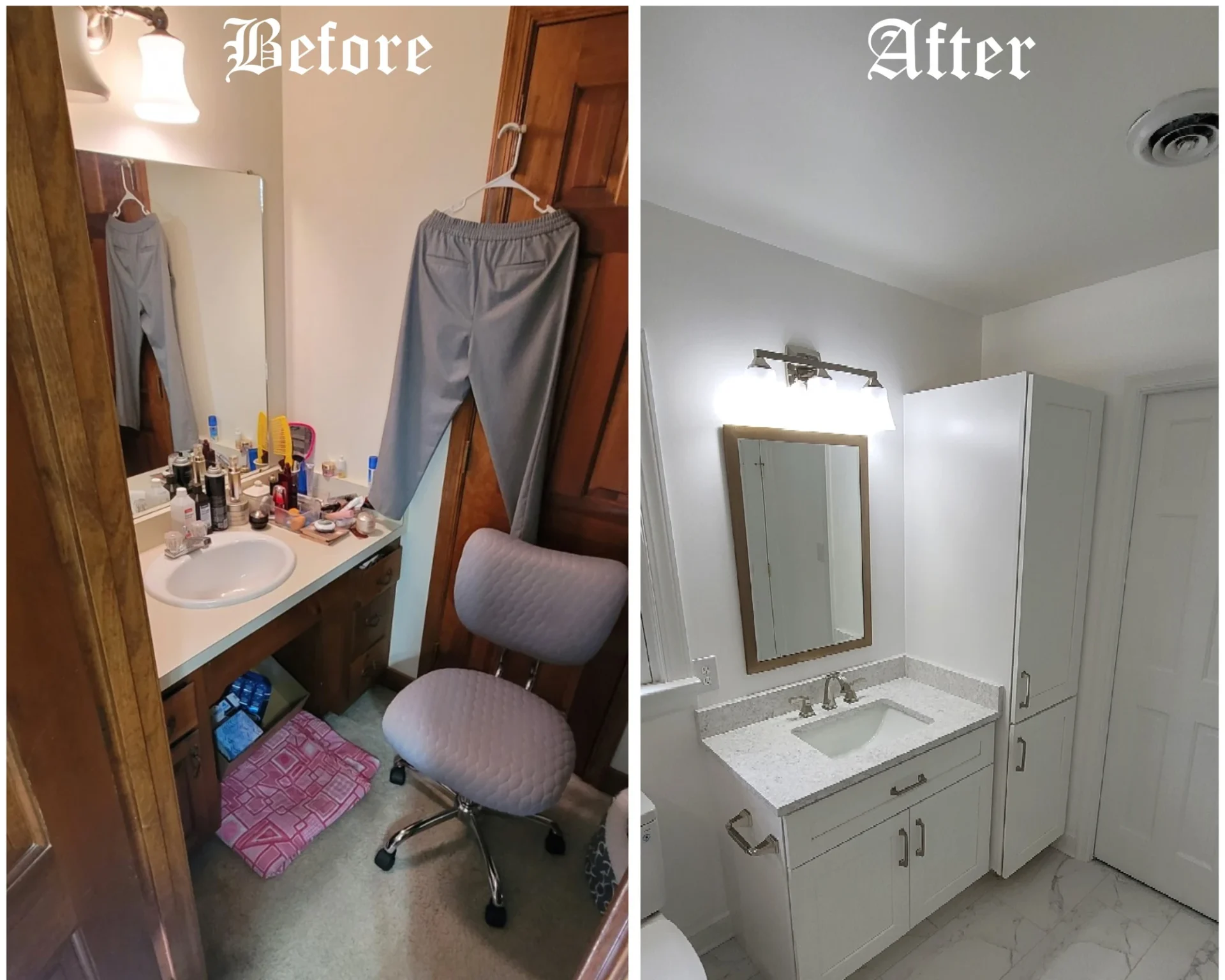 Before and after photos of a bathroom remodel with extended area