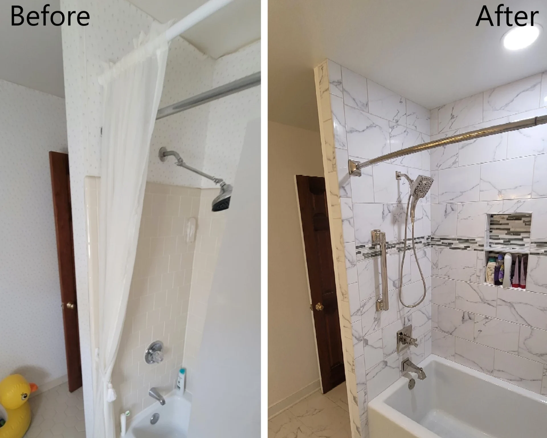 Before and after of a bathroom remodel, with new tub and shower combo