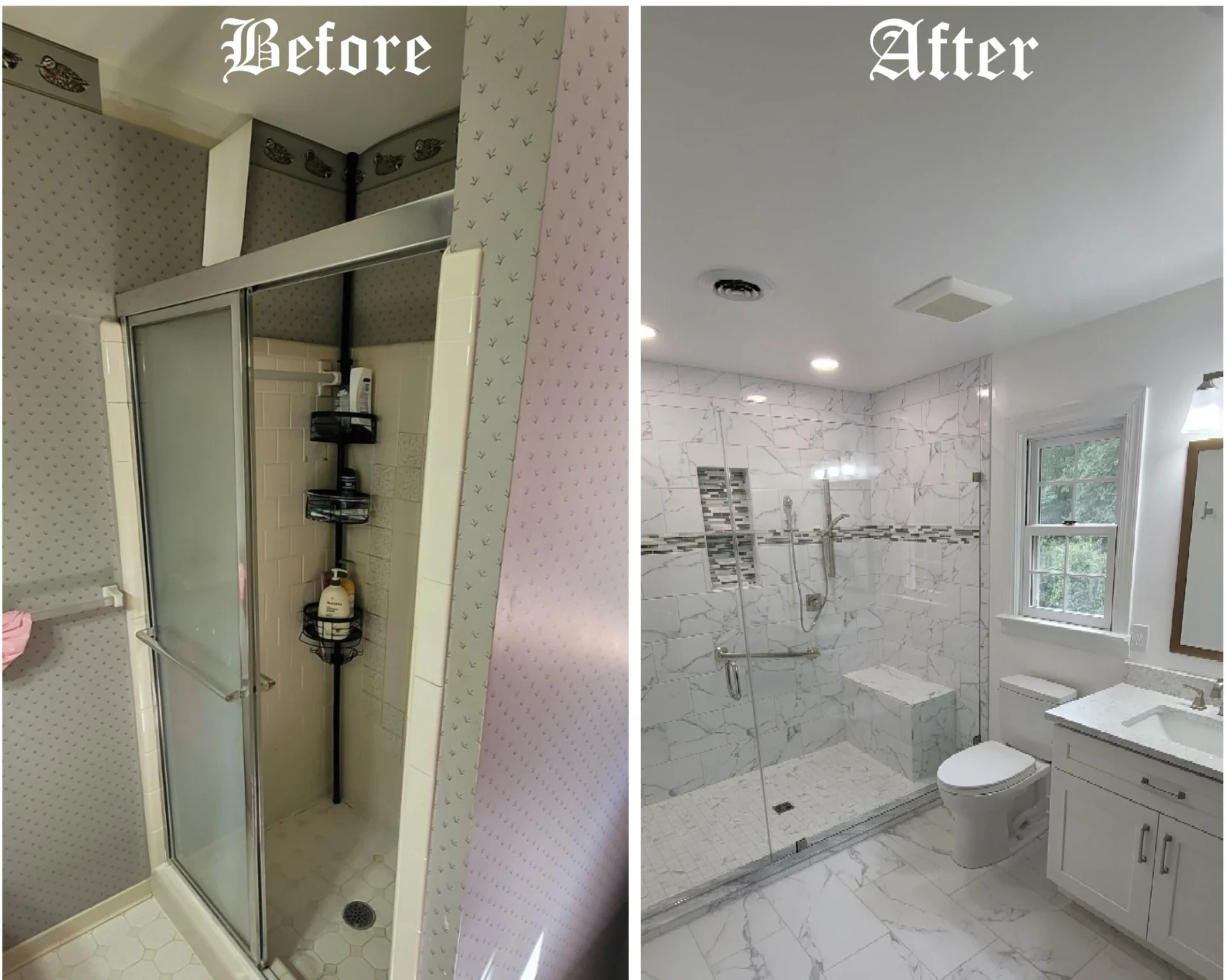 Before and after photos of a complete bathroom remodel