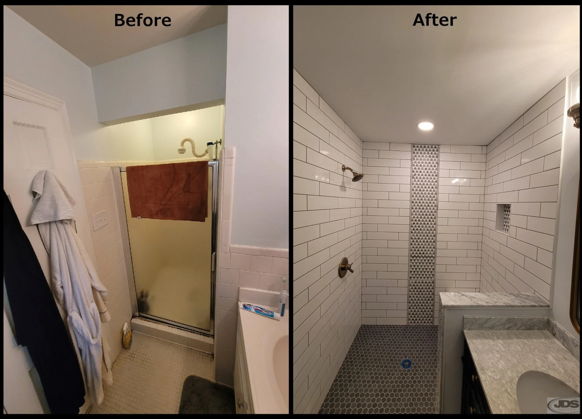 A before and after image of the client’s bathroom remodel