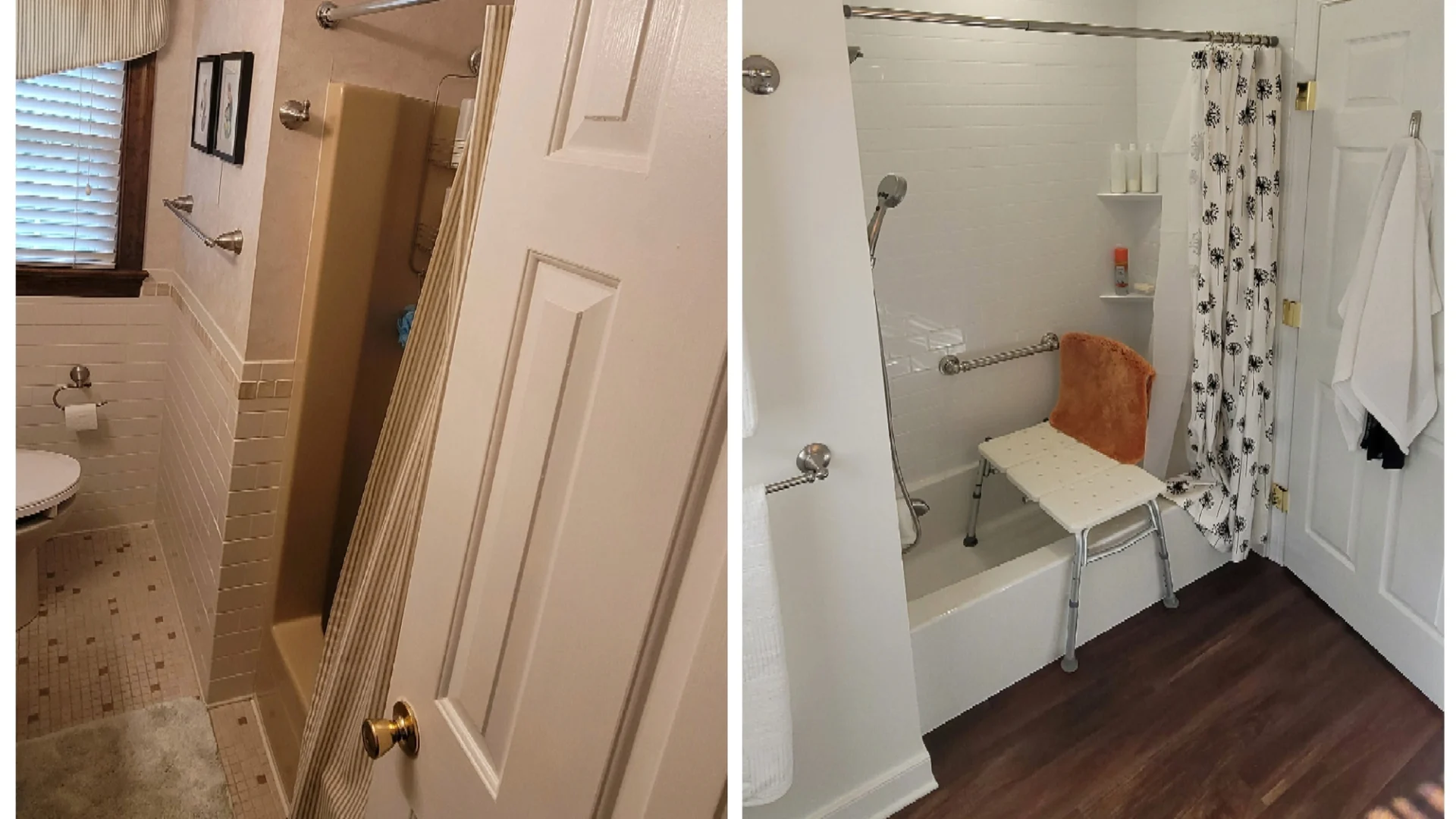 A bathtub replacement and wall removal before and after picture