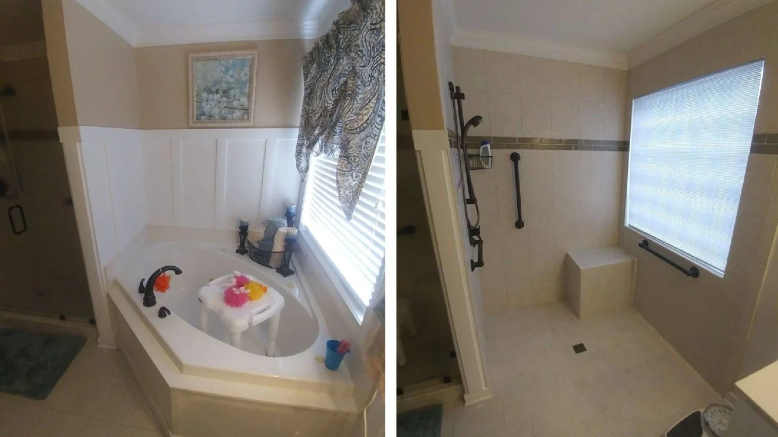 Elite Tub To Shower Conversions Glen Allen Va Jds Bath Before and after shot of a corner bathtub converted into a zero-threshold shower
