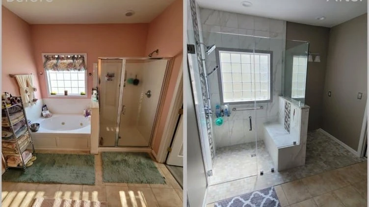 Before and after shots of a shower that’s been enlarged, updated, and relocated to replace an existing bathtub