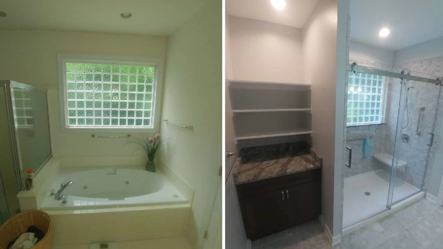 Before and after comparison of a jacuzzi/bath converted into a shower stall with a glass enclosure