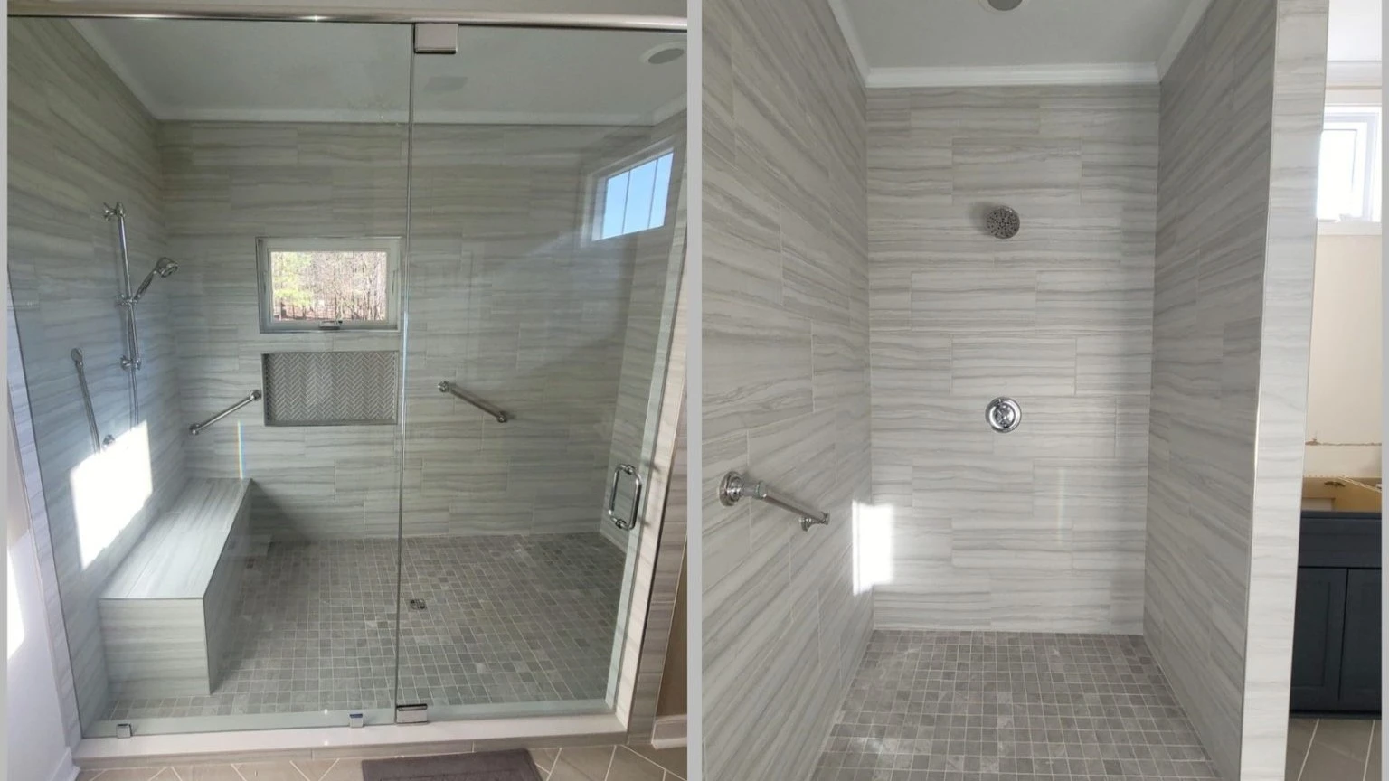 Side-by-side view of newly installed walk-in shower with support rails and acrylic shower surround