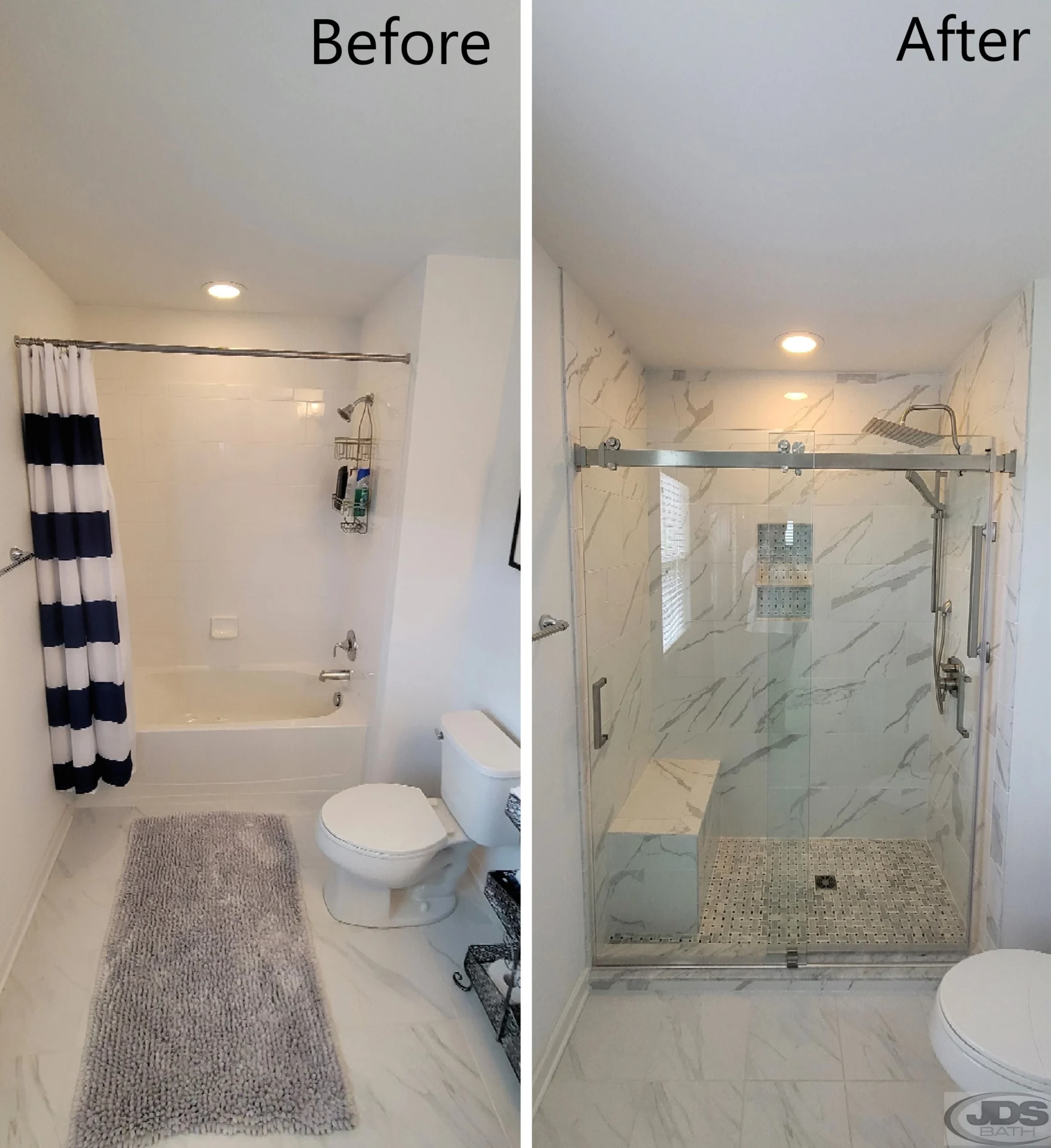 Split image of a before and after bathroom with a tub and new walk-shower