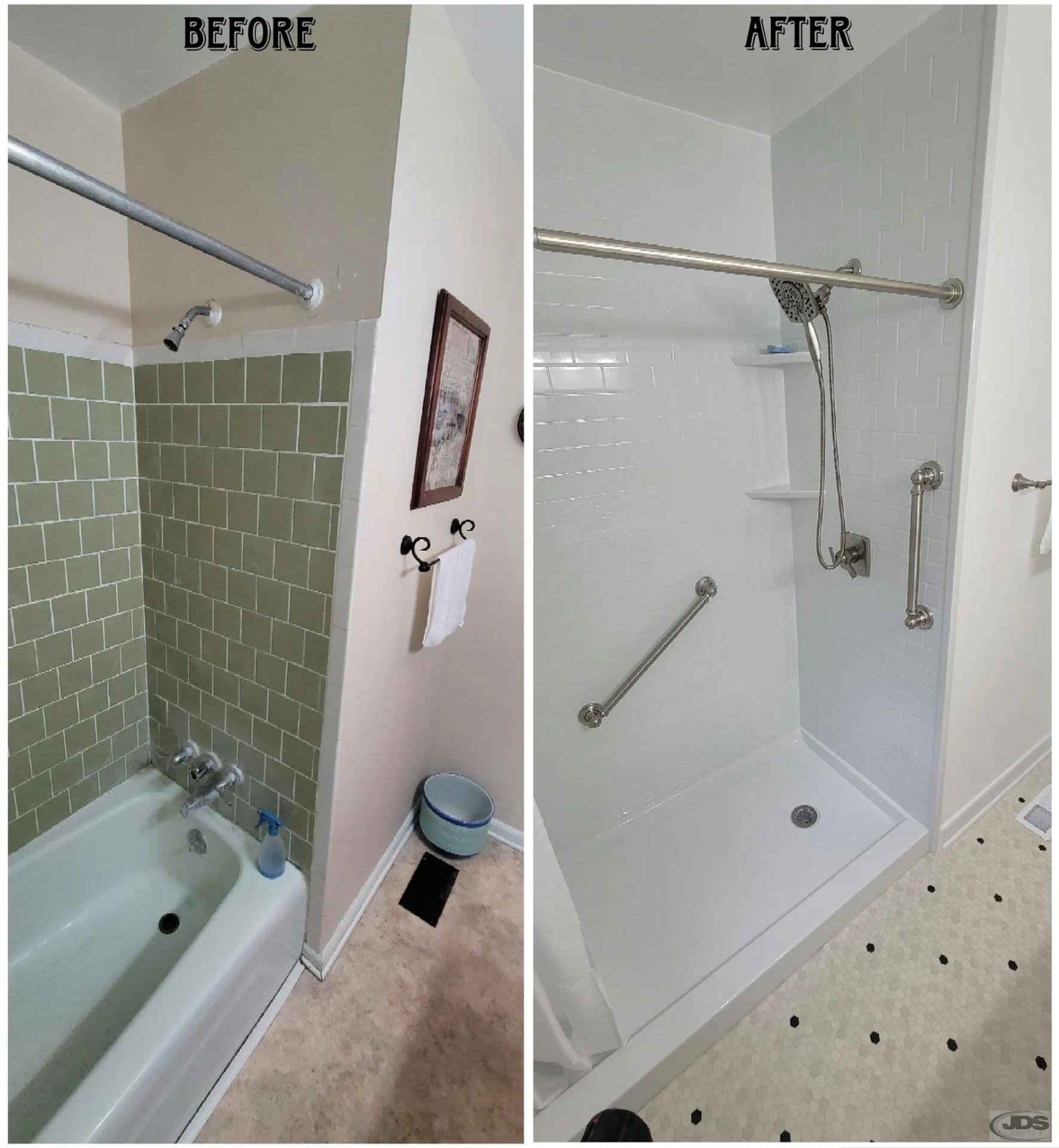 Before and after of white bathtub with brown tiles to walk-in shower with white tiles