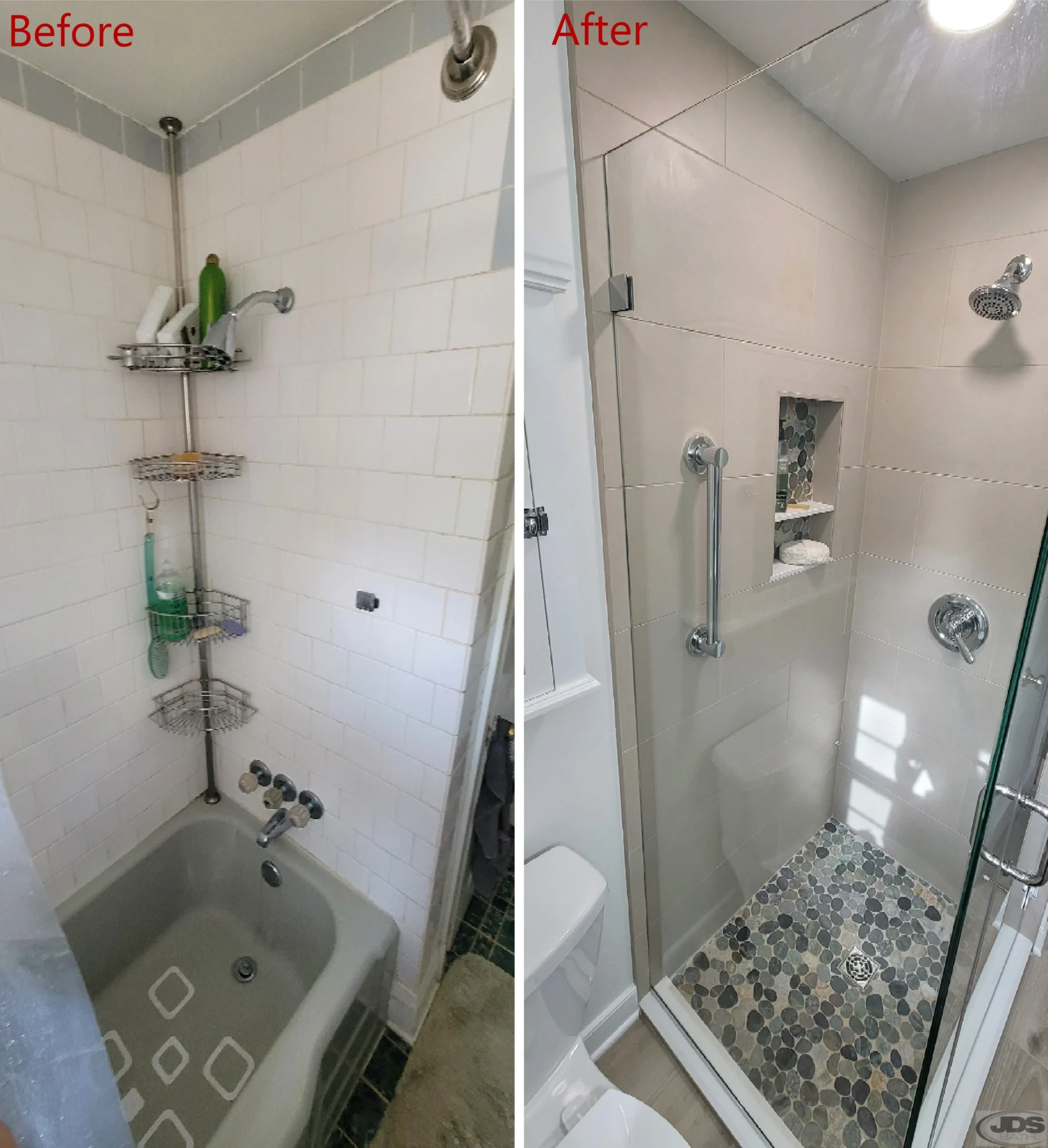 Before and after of brown tub to walk-in shower with composite floor and glass door