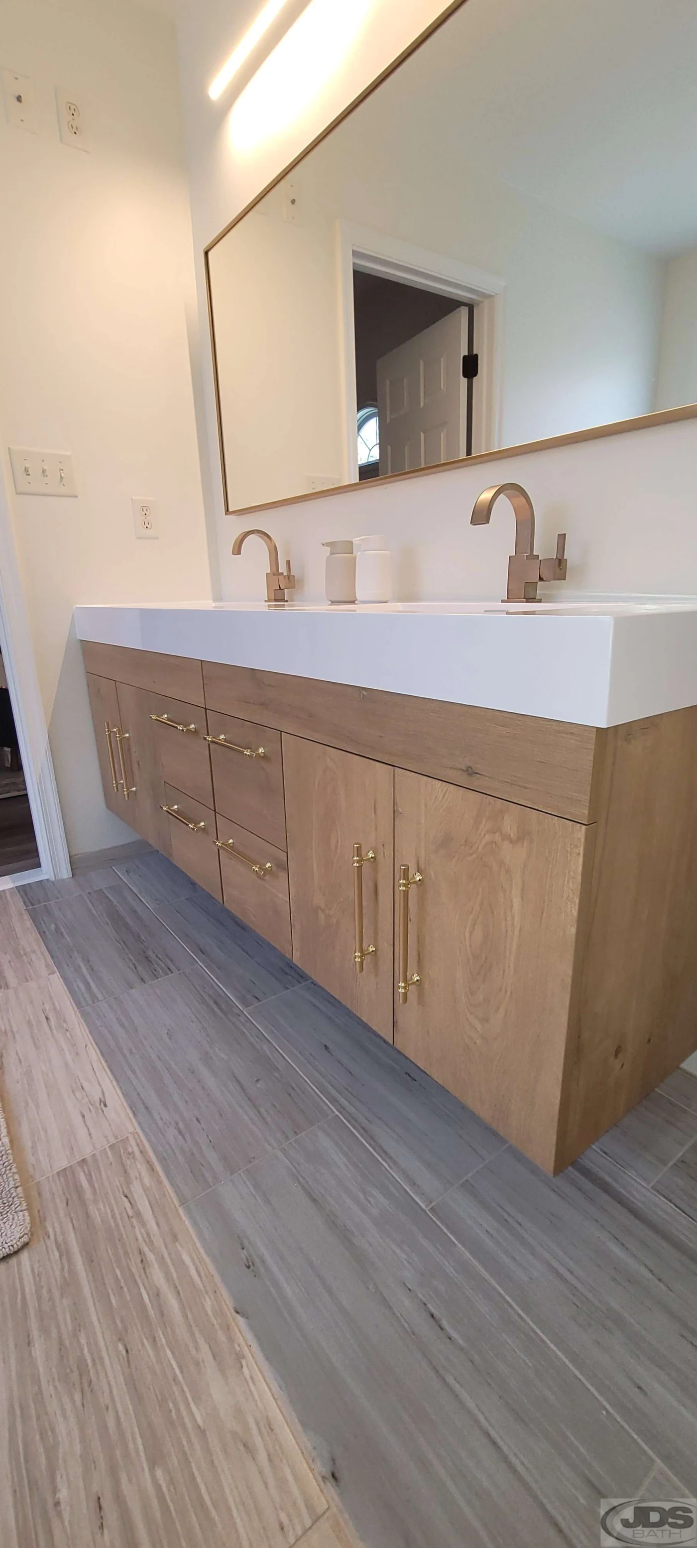 Low-angle shot of a large double-sink vanity