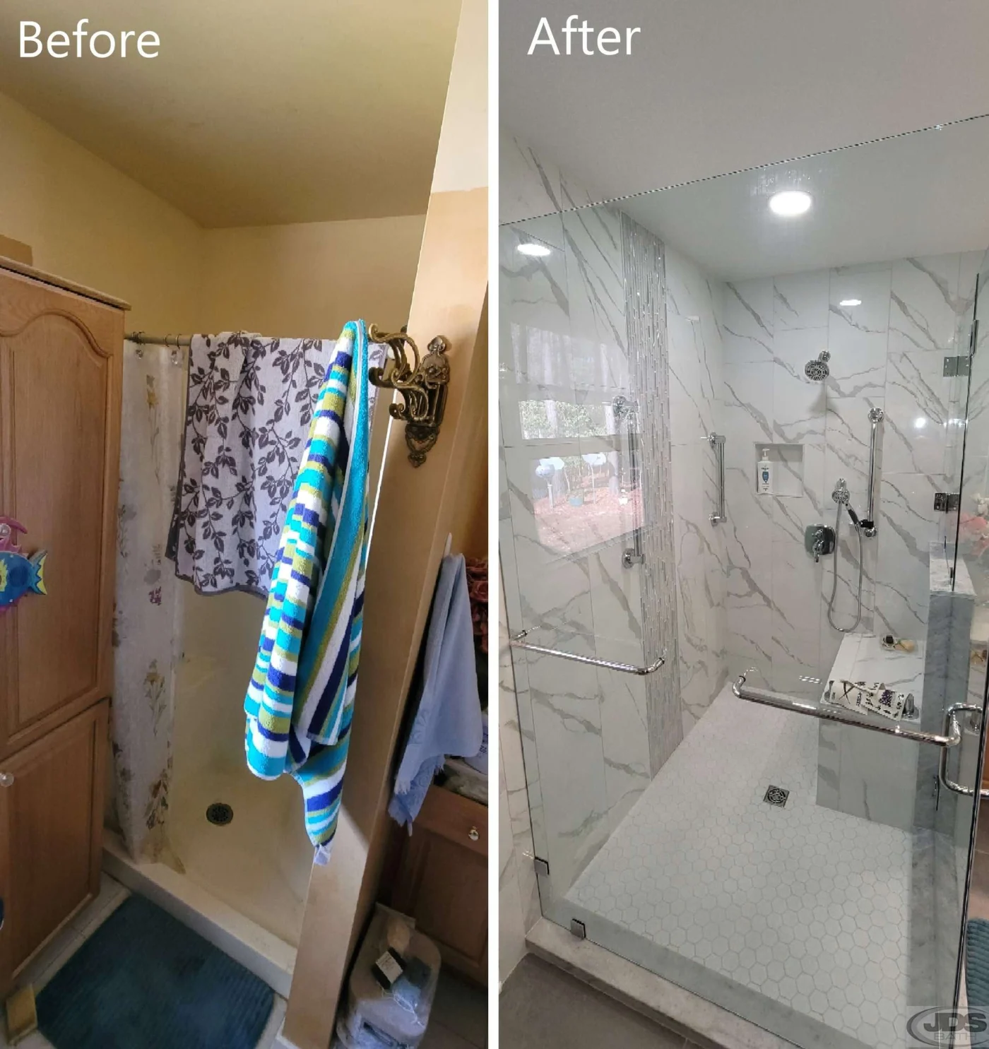 Image of old tub and shower next to a newly installed walk-in shower