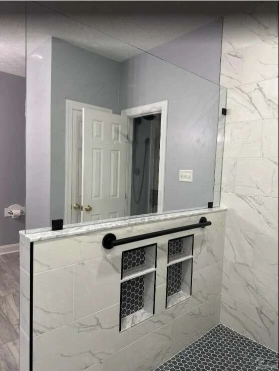 JDS Bath bathroom remodel companies near me for double niche Waterproof Tile Shower Extra Long Custom Grab Bar Glass Frameless Panel Veteran Bathroom Remodel in Glen Allen, VA