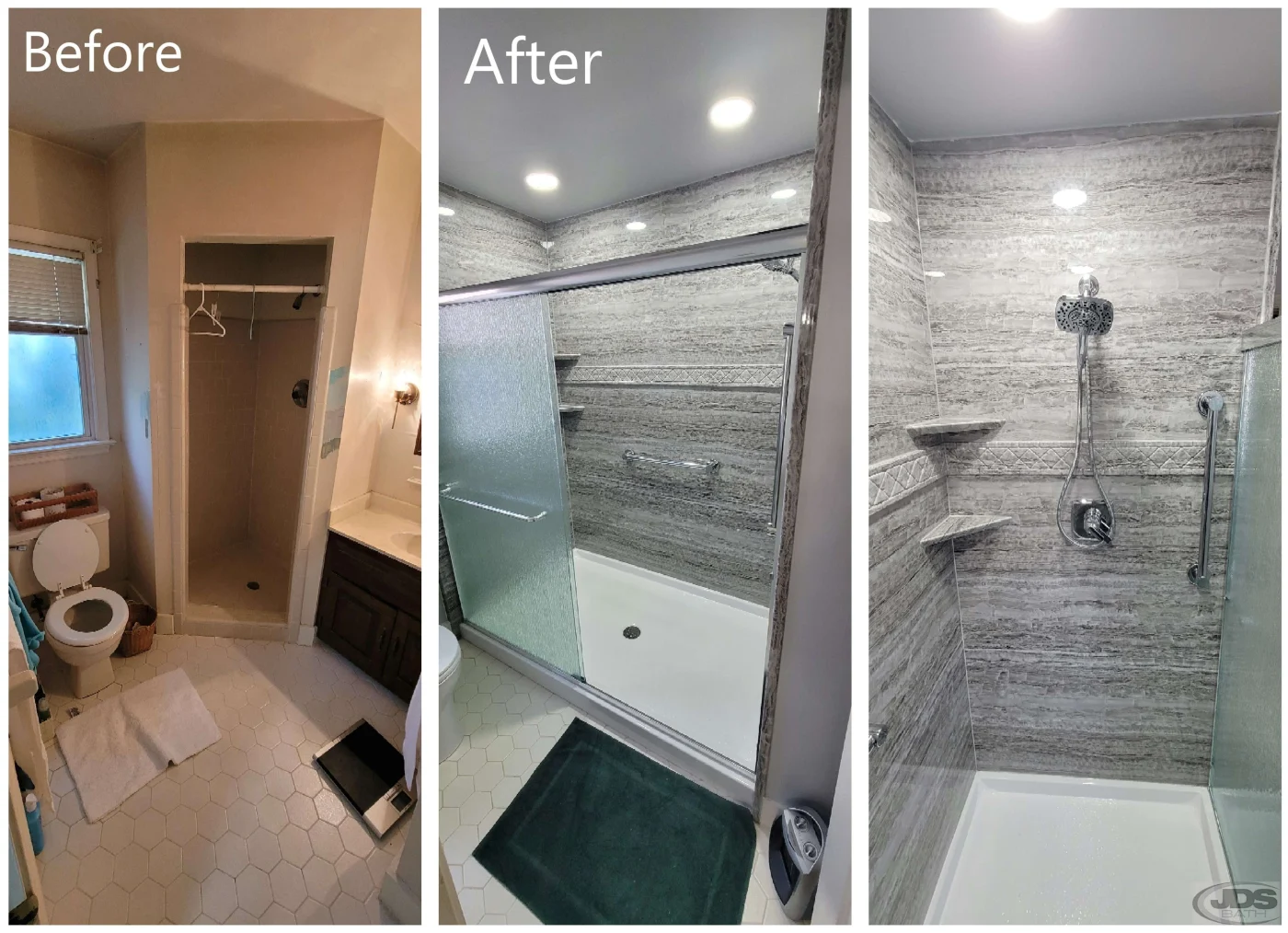Before and after of a bathroom with the toilet moved to enlarge the shower