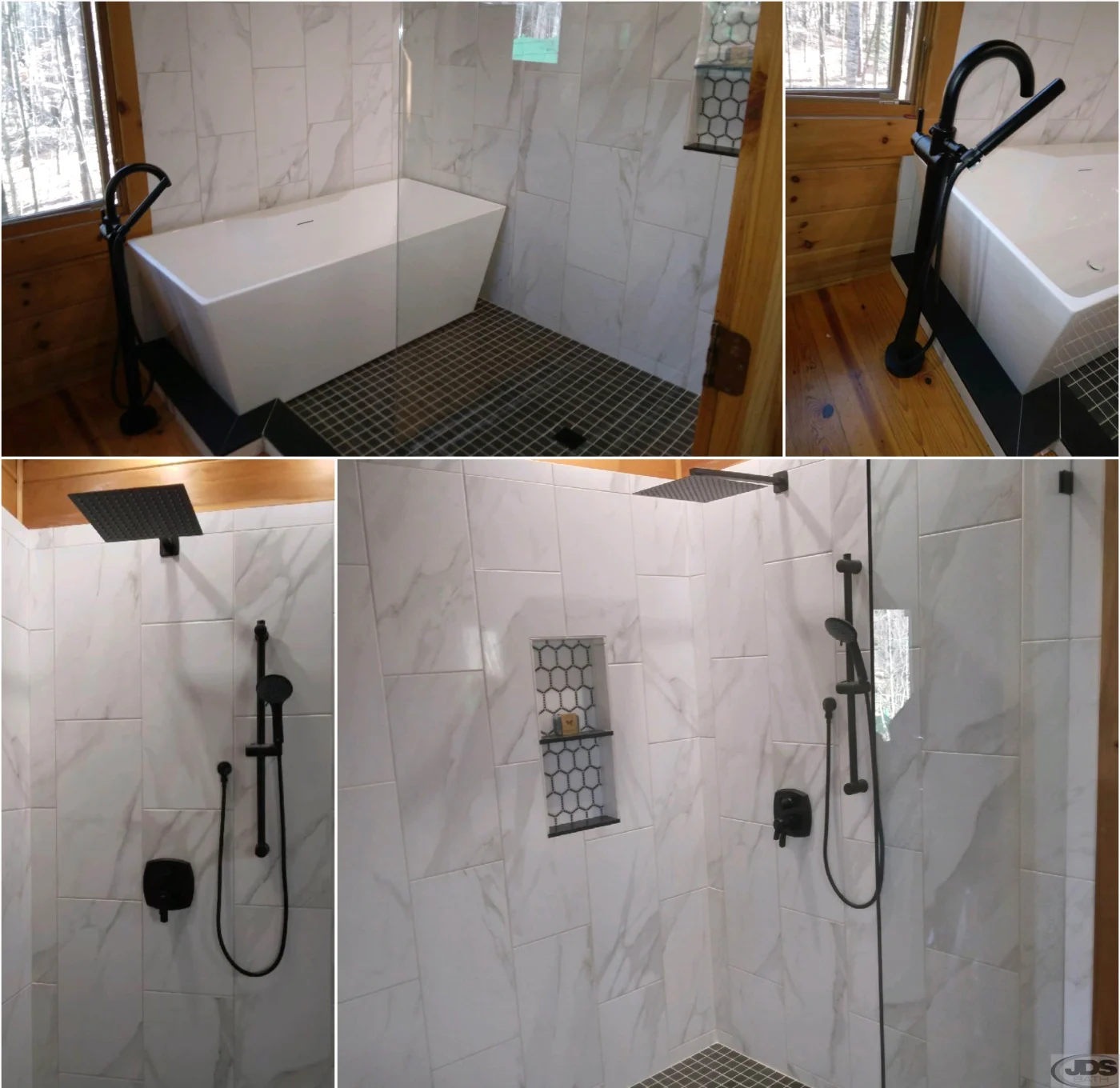 Tub with rain shower head and black tile floor in wet area