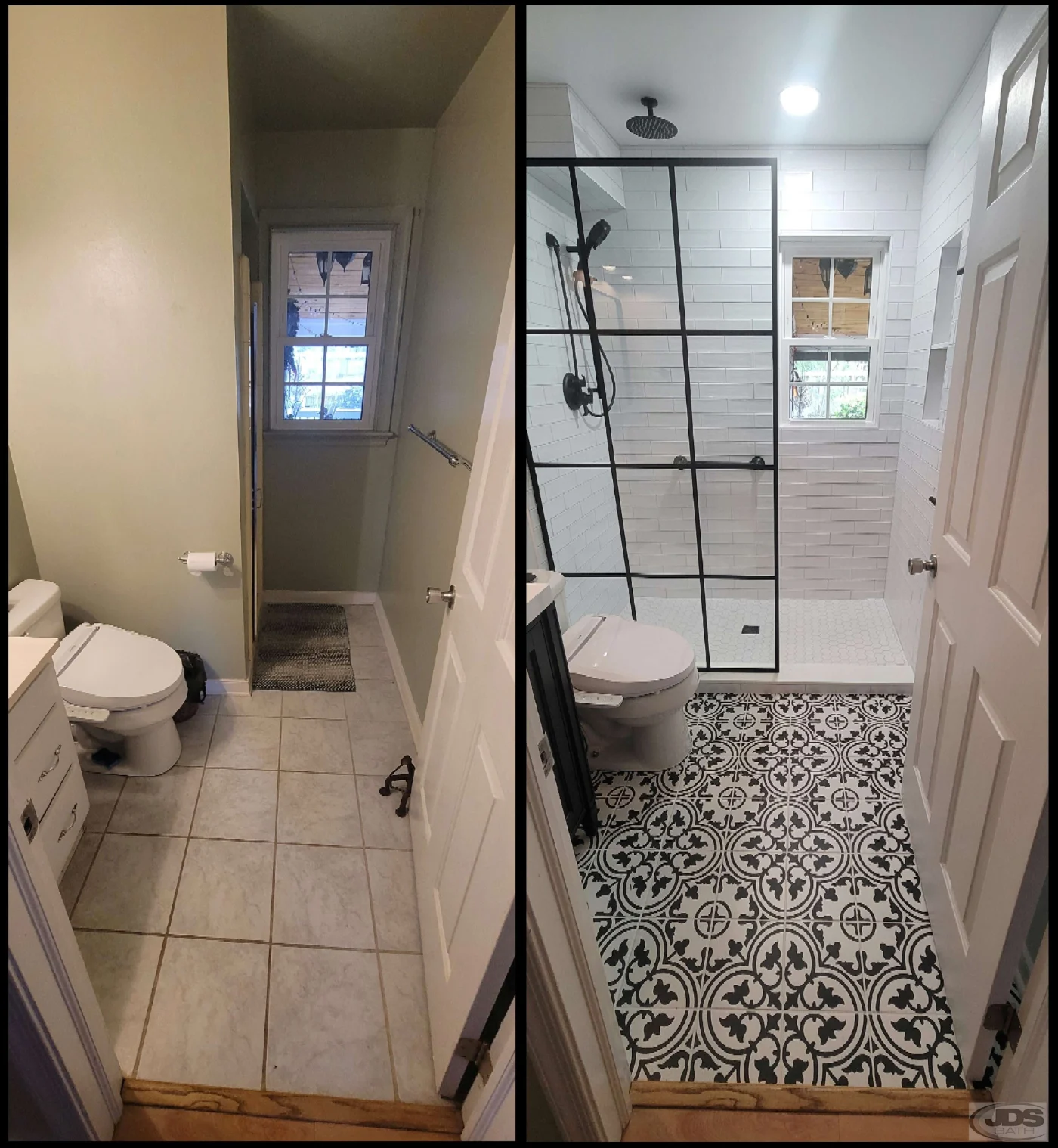 Before and after image of an old bathroom being remodeled with a subway tile shower