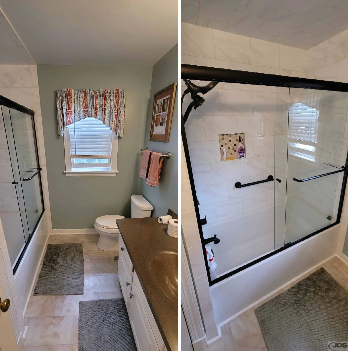 Bathroom remodeled with stylish tub/shower combo and beautiful tile and acrylic throughout