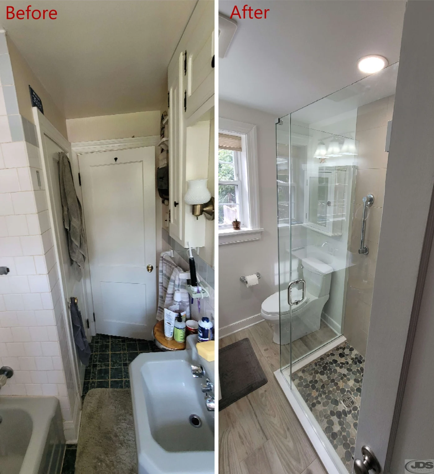 Before and after of bathroom with new shower installed