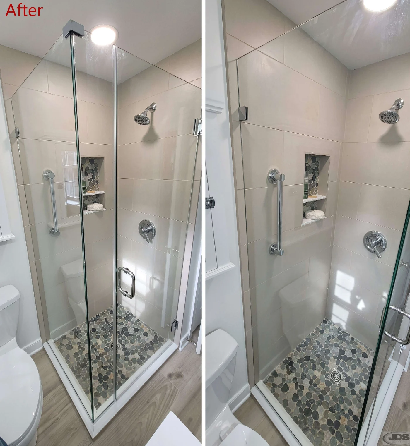 Side-by-side comparison of new shower installed in bathroom