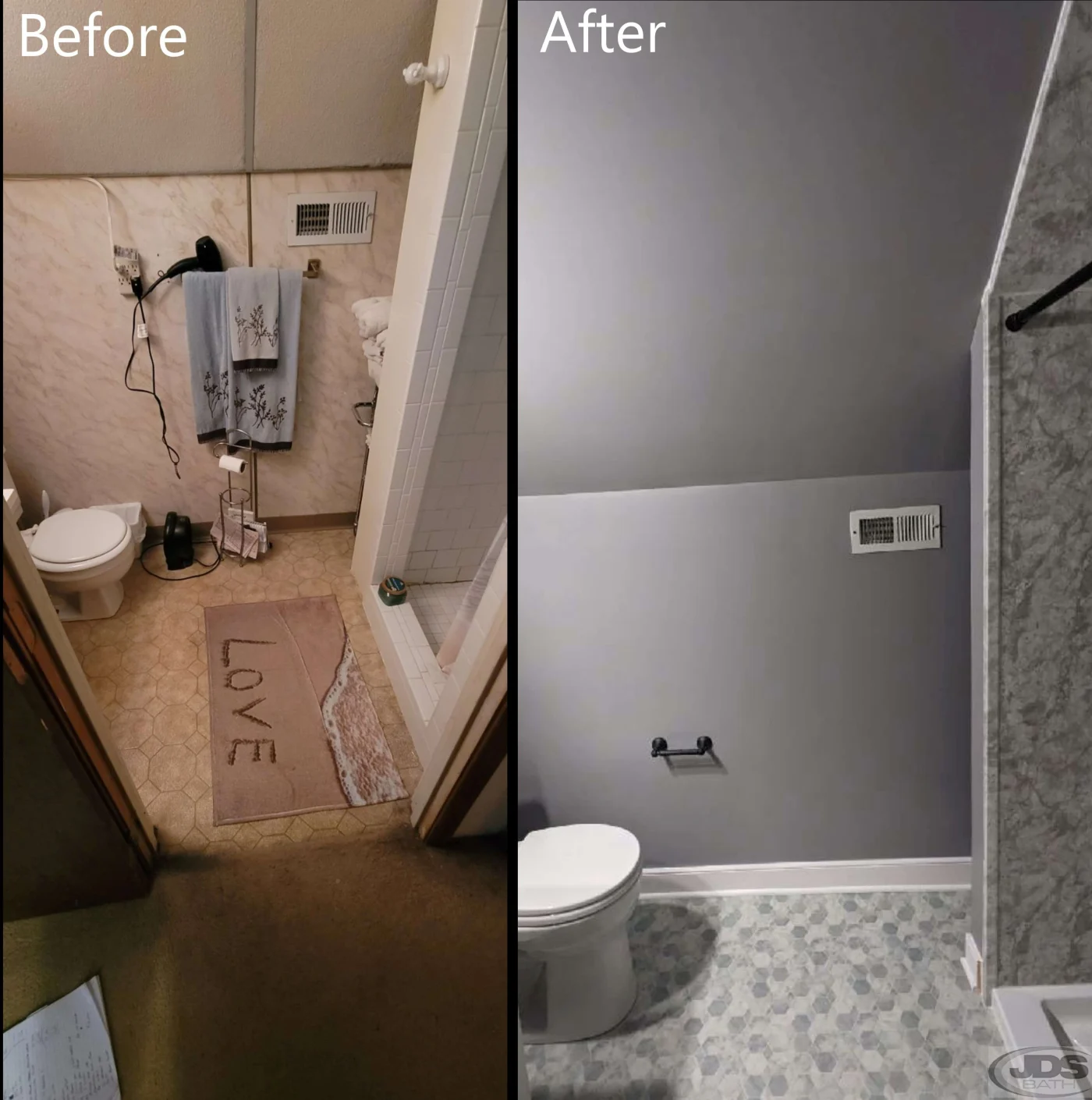 A before-and-after shots of a bathroom remodel in the attic of a home