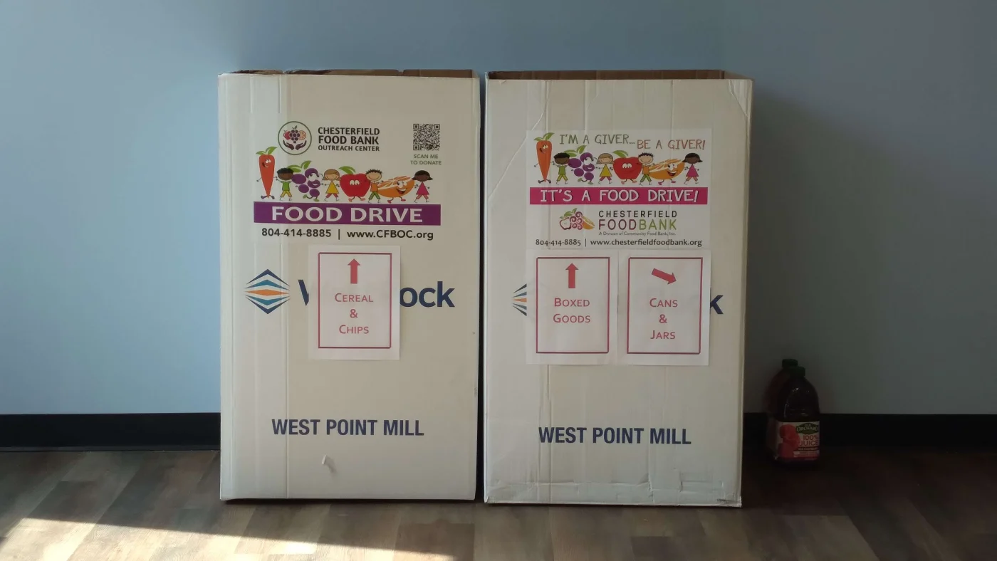 Boxes set up for the biannual food drive by JDS Bath in Central Virginia.