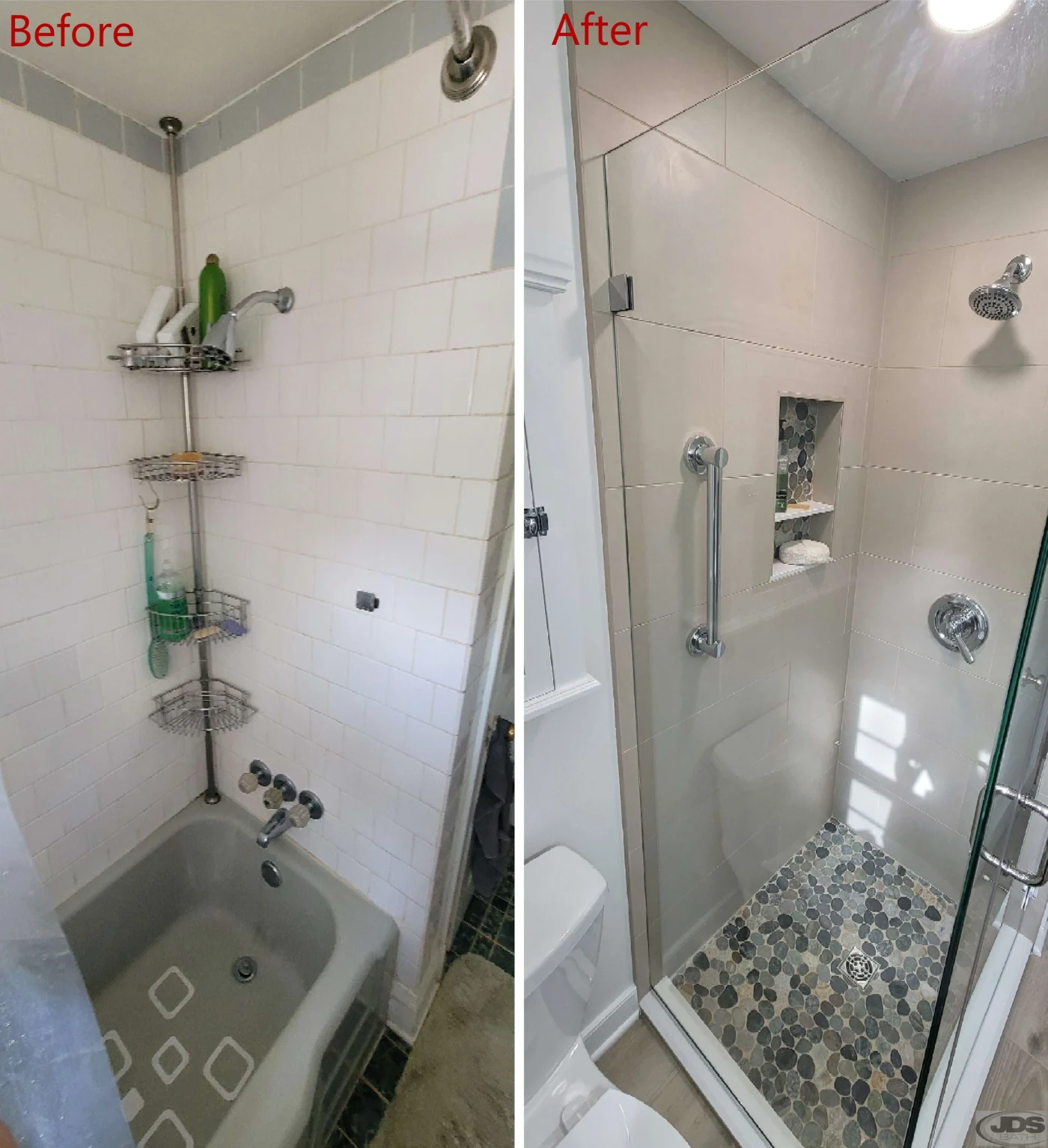 Before and after images of a tub-to-shower conversion, with an old gray tub replaced by a sleek corner shower with frameless shower doors.