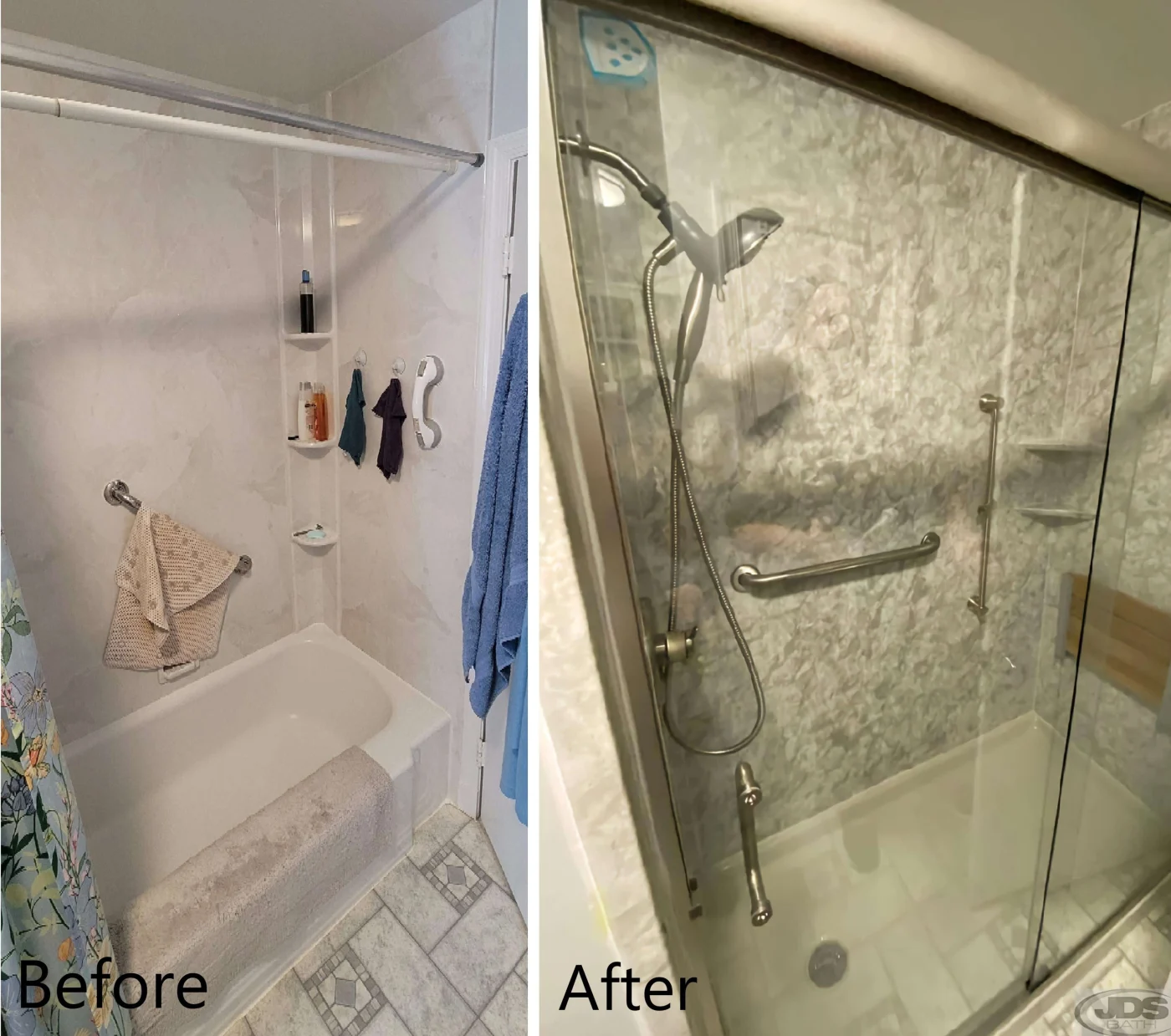 Before and after pictures of a tub-to-shower conversion by JDS Bath.