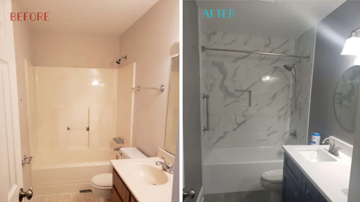 A before-and-after image of a bathtub replacement going from a pink bathtub to a beautiful white bathtub in Colonial Heights, VA by JDS Bath.