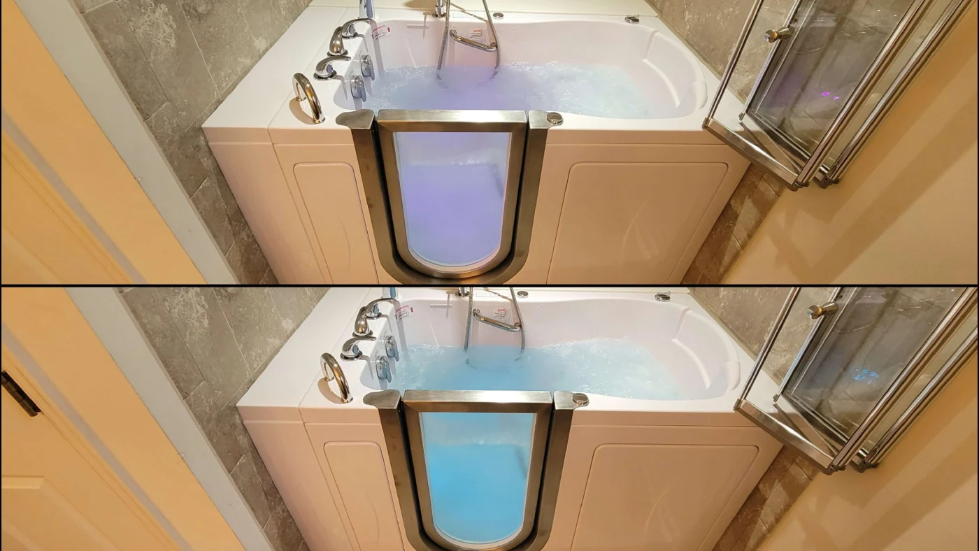 A split image of a stunning bathtub installation with different-colored water in the tub.