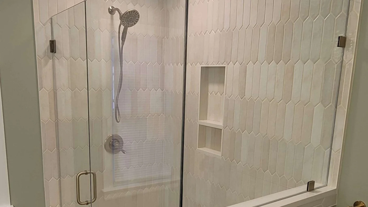 A gorgeous shower with beautiful beige walls in Chesterfield, VA, by JDS Bath