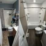 A side-by-side bathroom renovation where an older alcove tub with a floral curtain is upgraded to a modern bathtub replacement featuring gray large-format wall tile and a clean, neutral color palette.