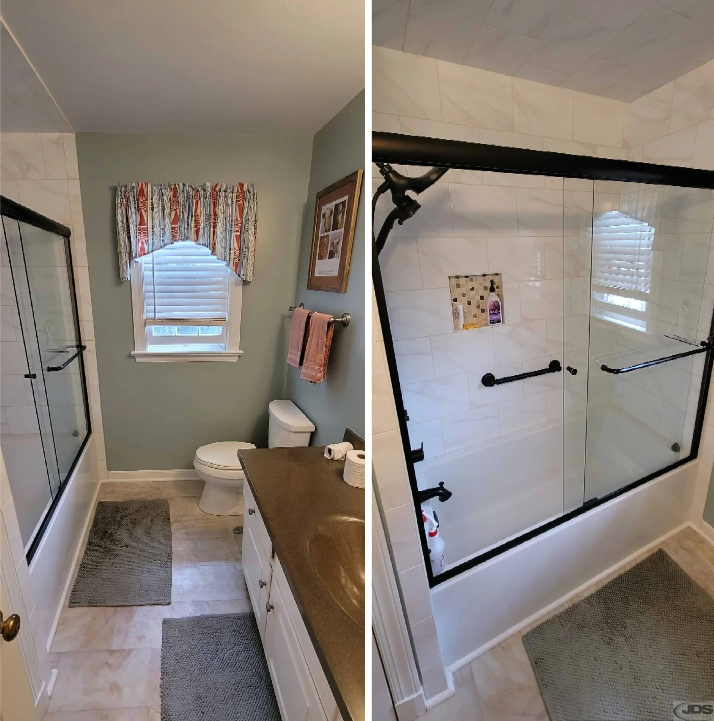 A white bathtub with sliding glass doors so the homeowner can take a bath or shower.